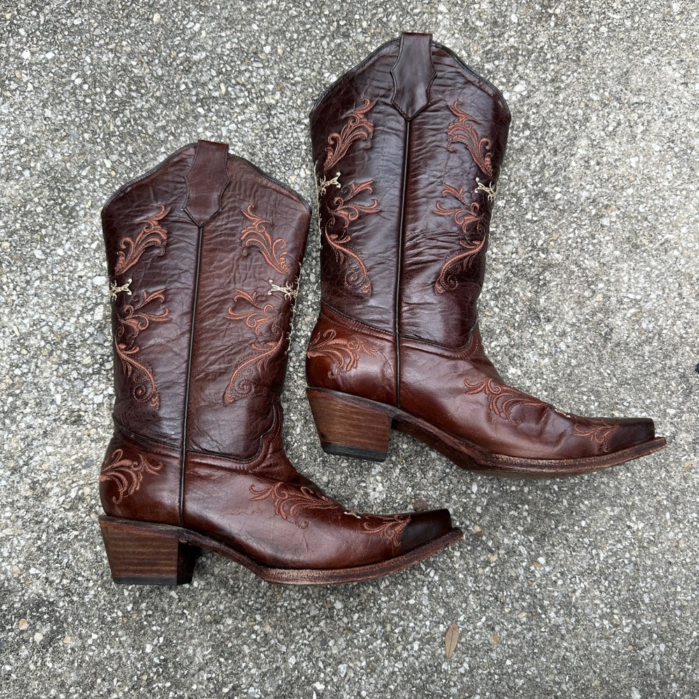 Circle G Boots Womens 9.5 M Brown Leather Embroidered Cross Western Cowboy Boots